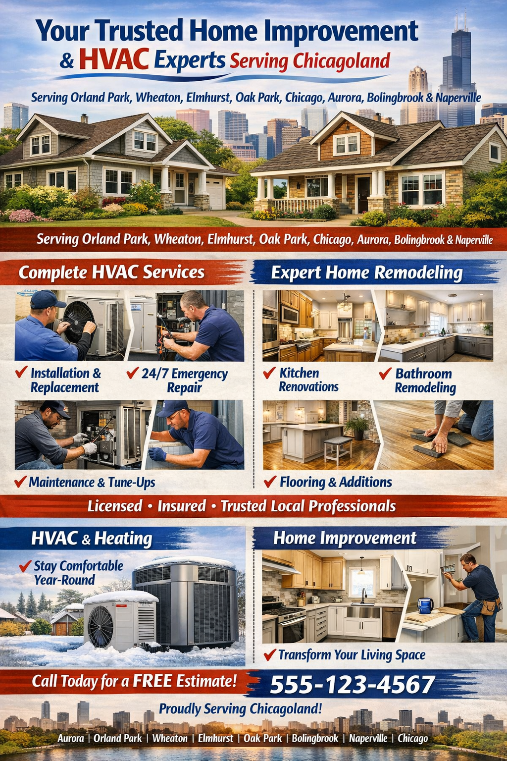Your Trusted Home Improvement & HVAC Experts Serving Chicagoland Serving Orland Park, Wheaton, Elmhurst, Oak Park, Chicago, Aurora, Bolingbrook & Naperville When it comes to keeping your home comfortable, functional, and beautiful, finding a reliable, affordable HVAC company and remodeling contractor makes all the difference. Whether you need emergency HVAC repair in the middle of a Chicago winter, a full kitchen remodeling transformation, or expert flooring installation to refresh your living space, our team is here to deliver quality results at a price you can feel good about. As a trusted local HVAC company and home improvement specialist serving communities across the Chicagoland area — including Orland Park, Wheaton, Elmhurst, Oak Park, Chicago, Aurora, Bolingbrook, and Naperville — we bring professional-grade workmanship directly to your door. Comprehensive HVAC Services for Residential & Commercial Properties Your heating and cooling system works hard year-round, especially across the unpredictable seasons of the Midwest. Our certified HVAC technicians provide the full spectrum of residential HVAC services and commercial HVAC services, ensuring that every system we touch runs efficiently, safely, and reliably. HVAC Installations Looking for HVAC installation near me Our HVAC installation specialists handle new system setups from start to finish — including central air installation, ductwork installation, and complete heating and cooling configurations. We work with leading manufacturers to find the right fit for your home or business at a competitive HVAC installation cost. From Aurora to Naperville, our HVAC installation company has become the go-to choice for homeowners and property managers who want the job done right the first time. HVAC Maintenance Preventive care is the key to a long-lasting HVAC system. Our HVAC maintenance services include seasonal tune-ups, filter changes, coil cleaning, and full system inspections. A routine HVAC tune-up can prevent costly breakdowns, improve energy efficiency, and extend the life of your equipment. As your trusted HVAC service provider, we offer convenient HVAC system maintenance plans tailored to your schedule — so you never have to worry about being caught off guard when the temperatures hit extremes in Bolingbrook or Oak Park. HVAC Repair When your system breaks down, you need HVAC repair services near me — fast. Our HVAC repair technicians are available for emergency HVAC repair calls throughout the Chicagoland region, including same-day service in Elmhurst, Wheaton, and Chicago. Whether it's a furnace repair in the dead of winter or an air conditioning failure on the hottest day of summer, our HVAC repair experts diagnose and fix the problem quickly. We believe in upfront pricing, so you'll always know your HVAC repair cost before we begin any work. As one of the top HVAC contractors in the area, we stand behind every repair with a satisfaction guarantee. HVAC Replacement Sometimes repair isn't enough — and that's where our HVAC replacement services come in. If your system is aging, inefficient, or beyond cost-effective repair, our team will guide you through the HVAC unit replacement process from selection to installation. We offer HVAC system replacement options for every budget, including high-efficiency models that qualify for energy rebates. Residents searching for HVAC Aurora IL or quality HVAC services Naperville IL consistently choose us for our transparent process and professional results. Our HVAC replacement specialists ensure minimal disruption to your daily routine throughout the project. Expert Home Improvement Services Across Chicagoland Beyond HVAC, we're a full-service home improvement team — the kind of contractor you can call for virtually any project under your roof. Our skilled tradespeople bring decades of combined experience to every remodeling and renovation job, from minor refreshes to complete home additions. Ceiling & Drywall Damaged ceilings and cracked drywall are more than cosmetic issues — they can signal underlying problems or simply detract from the beauty of your home. Our ceiling and drywall specialists offer expert repair, patching, and full installation services for new construction and remodels alike. Whether you're dealing with water damage in your Orland Park home or installing fresh drywall in a new addition in Naperville, we deliver a flawless finish every time. Cabinet Installation New cabinetry can completely transform the look and functionality of any room. From kitchen cabinet upgrades to custom built-in storage solutions, our cabinet installation team works with precision and care. We source durable, attractive materials and install them to manufacturer standards, giving your kitchen or bathroom a polished, high-end appearance without the designer price tag. Professional Painting Services A fresh coat of paint is one of the most affordable ways to breathe new life into your home. Our professional painting services cover interior and exterior projects of all sizes — from a single accent wall in your Oak Park living room to a full-exterior repaint of your Chicago two-flat. We use premium paints, clean up thoroughly after every job, and ensure sharp, clean lines that make a lasting impression. Flooring Installation From hardwood and luxury vinyl plank to tile and carpet, our flooring installation team handles it all. We help homeowners throughout Bolingbrook, Aurora, and beyond find the right flooring solution for their lifestyle and budget. Every installation is completed with careful attention to subfloor preparation and professional finishing — because beautiful floors start from the ground up. Home Additions Need more space Our home addition services help families across Wheaton, Elmhurst, and Naperville expand their living areas without the stress of relocating. From sunrooms and bedroom additions to full second-story builds, we handle every stage of the project — design consultation, permitting, construction, and finishing — ensuring a seamless transition between old and new. Bathroom Remodeling Transform your outdated bathroom into a personal retreat with our full-service bathroom remodeling solutions. We handle everything from tile installation and vanity upgrades to complete gut renovations with custom showers, soaking tubs, and radiant floor heating. Our remodeling and renovation team coordinates all trades — plumbing, electrical, tiling, and finishing — so your project stays on schedule and on budget. Bathroom remodels are one of the highest-ROI home improvement investments, and our clients across Chicagoland consistently rave about the results. Kitchen Remodeling The kitchen is the heart of the home, and a thoughtfully designed kitchen remodel can change the way your entire family lives. Our kitchen remodeling services range from minor refreshes — new countertops, backsplash tile, or cabinet refacing — to full-scale renovations that reimagine the layout and every finish. We serve homeowners across Chicago, Orland Park, Naperville, and beyond, and pride ourselves on delivering stunning kitchens that marry form and function beautifully. Why Choose the Best HVAC Company & Remodeling Contractor Near You There's no shortage of contractors in the Chicago suburbs — so why do homeowners from Aurora to Oak Park keep coming back to us Here's what sets our team apart Local expertise We know Chicagoland's climate, building codes, and neighborhood styles inside and out. Licensed & insured professionals Every HVAC technician, carpenter, and painter on our crew is fully credentialed. Transparent pricing We provide detailed quotes with no hidden fees — whether it's HVAC repair cost or a full kitchen remodel estimate. One-stop convenience From HVAC system repair to complete remodeling & renovation, you won't need to juggle multiple contractors. Proven track record We're proud to be recognized among the top HVAC contractors and remodelers in the Chicagoland region. Ready to Get Started Contact Your Local HVAC & Home Improvement Team Today Whether you need HVAC repair near me on a frigid January morning or you're planning a spring kitchen remodel, our team is ready to help. We proudly serve homeowners and businesses throughout Orland Park, Wheaton, Elmhurst, Oak Park, Chicago, Aurora, Bolingbrook, and Naperville with the kind of dedicated, professional HVAC services and home improvement work that earns long-term trust. Contact us today for a free estimate — and discover why so many Chicagoland families consider us the best HVAC company and remodeling contractor for all their needs.